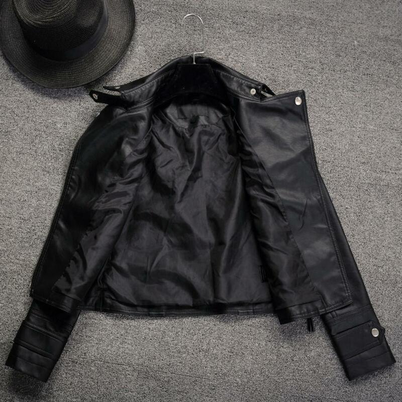Jaqueta feminina de couro falso motocicleta, zíper placket, streetwear elegante