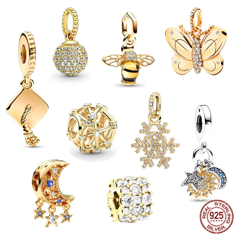 925 Prata Dangle Charm Beads, Rose Gold Plate, Sparkling Bee, Borboleta, Cap Graduação, se Encaixa Original Pulseira Pandora, Jóias DIY