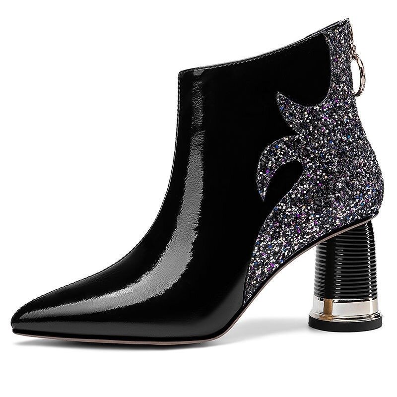 High Quality Women's Boots 2023 Shiny Sequined Ladies High Heels Sexy Pointed Ankle Boots Comfor Chunky Heel Office Female Shoes
