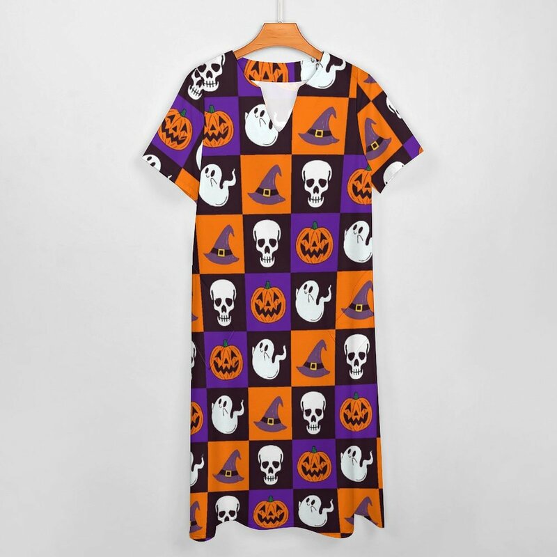 Vestido largo informal de gran tamaño con estampado de fantasma, ropa de calle con cuello en V, para fiesta de Halloween