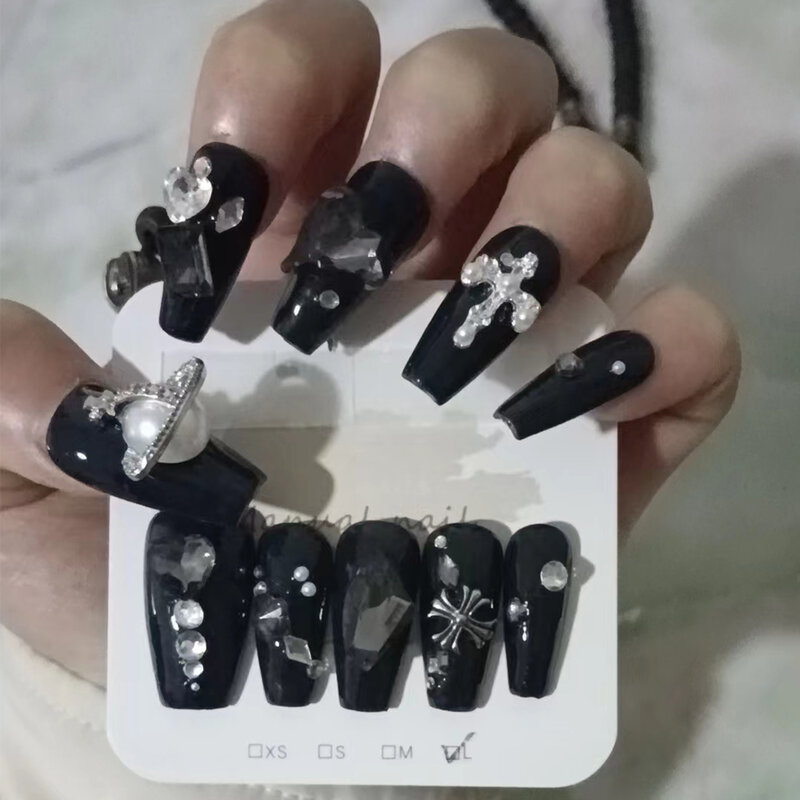 10pcs Handmade Acrylic Reusable Press on Nails Pure Black Background Color Bright Colored Diamond Everything for Manicure