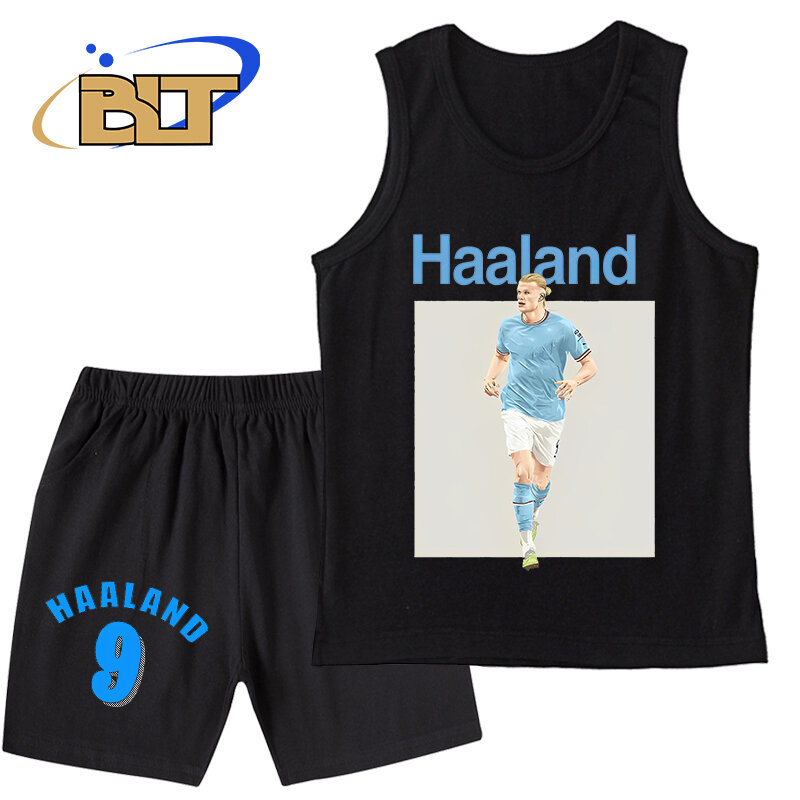 Haaland-子供の夏の服セット、黒のスポーツトップとショーツ、アバタープリントのベストスーツ、2個セット