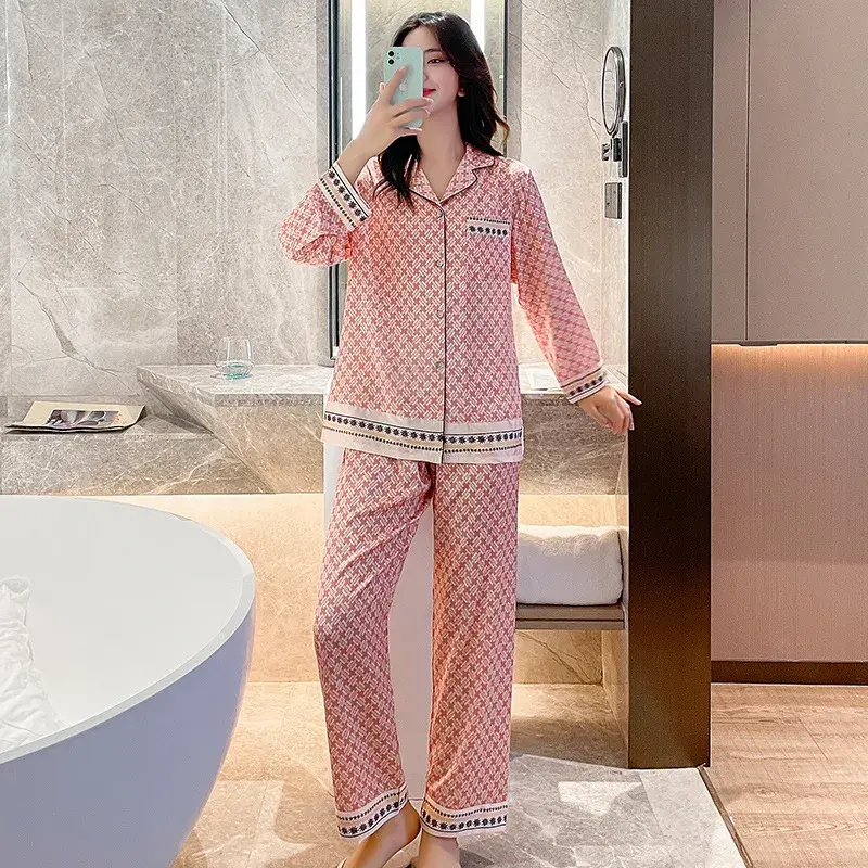 Primavera e outono luz de luxo pijamas senhoras mangas compridas duas peças roupas em casa seda sexy plus size pijamas femininos