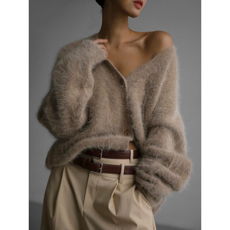 Sweter rajut mirip Mink, kardigan Sweater Eropa dan Amerika 2024, mantel Sweater kerah V lengan panjang longgar dan malas wanita