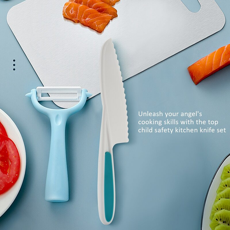 Coltelli per bambini Set di coltelli da cucina in Nylon da 3 pezzi, coltelli da cucina per bambini impugnatura ferma, bordi seghettati
