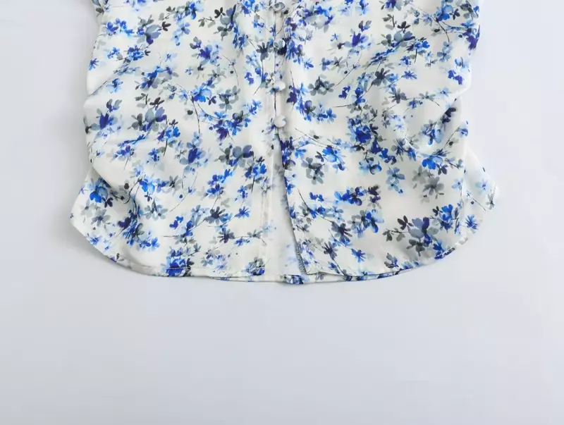 Kobiety nowy modne kwiatowe nadruk dekoracja przycięte smukłe satynowe bluzki Vintage długie guzik na rękawie-up koszule damskie eleganckie koszule