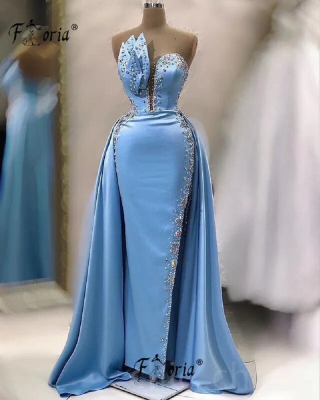 Gaun pesta Formal putri duyung Satin biru elegan dengan rok luar manik-manik tanpa punggung samping gaun malam dibuat sesuai pesanan ukuran Plus