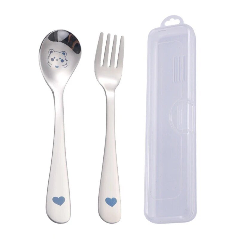 Baby Spoon Fork Set with Case Stainless Steel Self-Eating Child Utensil Cutlery