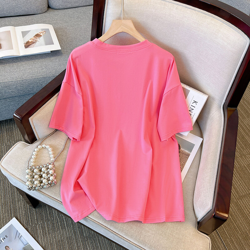 여성용 플러스 사이즈 코튼 프린트 티셔츠, 루즈하고 편안한 통기성 원단 패션, 블랙 핑크 탑 6XL, 여름