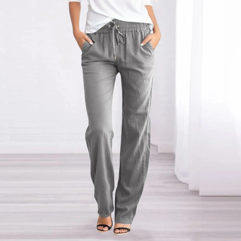 Celana panjang kaki lurus wanita, bawahan katun tali serut elastis kasual pinggang tinggi sederhana warna polos