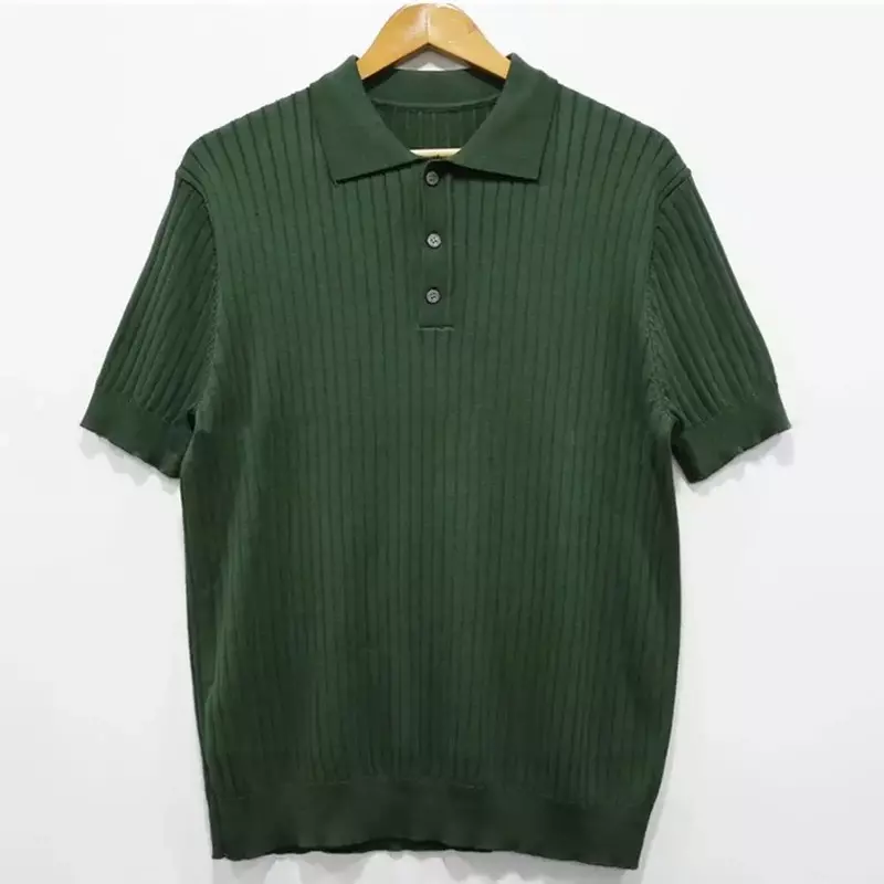 Lapel Short Sleeve Buttons Half Placket Loose Men Summer T-shirt Knitting Ribbed Shirt Top Streetwear Dropshipping