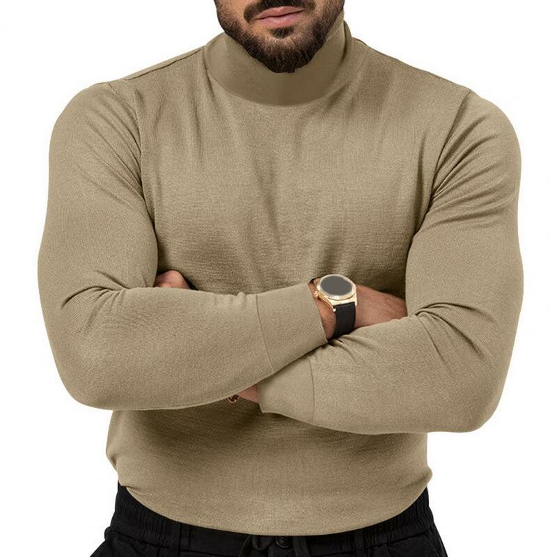 Elegante suéter de malha de gola alta masculino, pulôver espesso, ajuste fino, elástico, comprimento médio, top para proteção casual, inverno