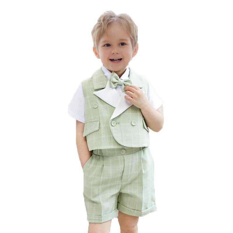 Детский мягкий Летний жилет, рубашка, шорты, галстук-бабочка, фотокостюм для мальчиков, зеленый костюм на день рождения, церемонию, детское свадебное платье