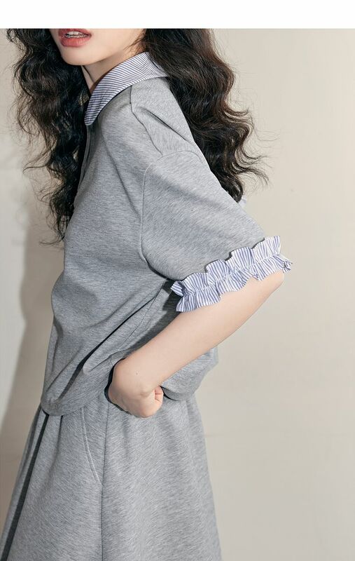 Koreańska Grey z krótkim rękawem krótka spódniczka damska elegancka letnia odzież uliczna studencka Harajuku popularna moda koreański styl