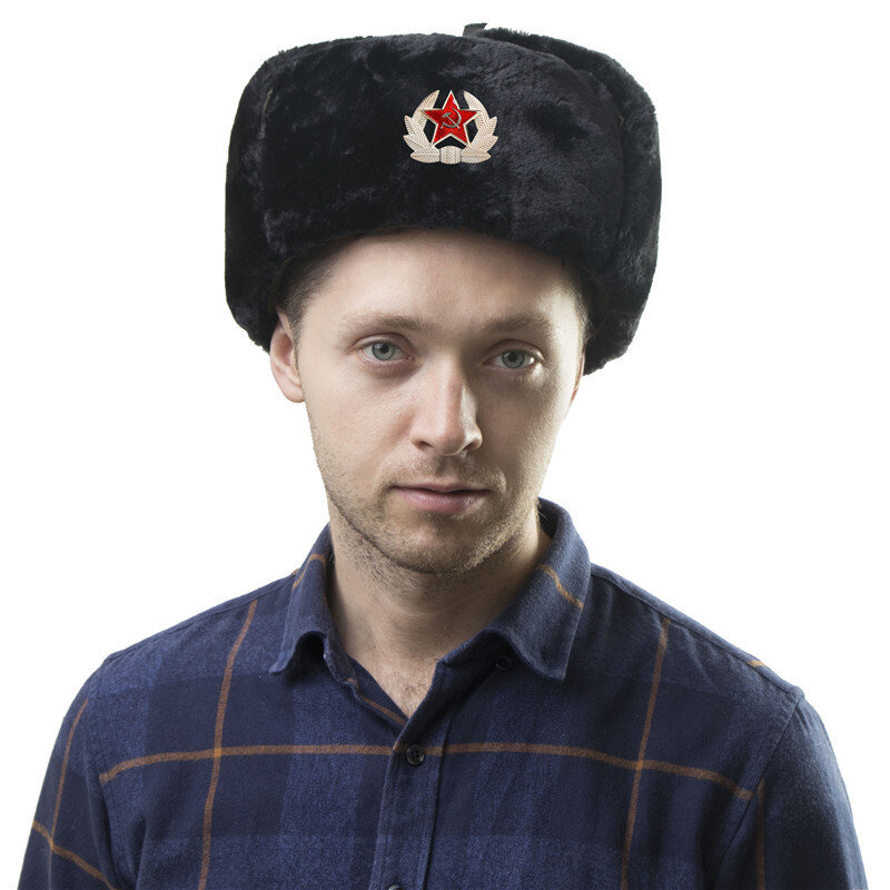Topi Bulu Musim Dingin Ushanka Rusia Topi Trooper Dapat Dilepas Penutup Kepala Pemburu dengan Penutup Telinga Topi Aviator dengan Lambang Bintang Merah