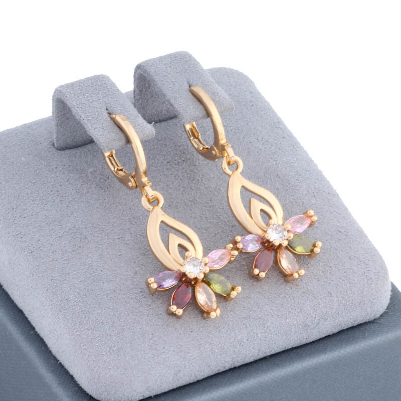 New Unique Flower Drop Earring for Women Gold Color With Shiny Natural Zircon Daily Vintage Colorful Jewelry Gift