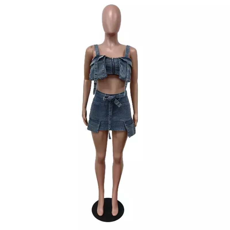 Denim Two Piece Set Spicy Girl Y2k 2023 Autumn Sexy 3D Pocket Zipper Camis Bra Crop Top Mini Skirt Party Club Streetwear