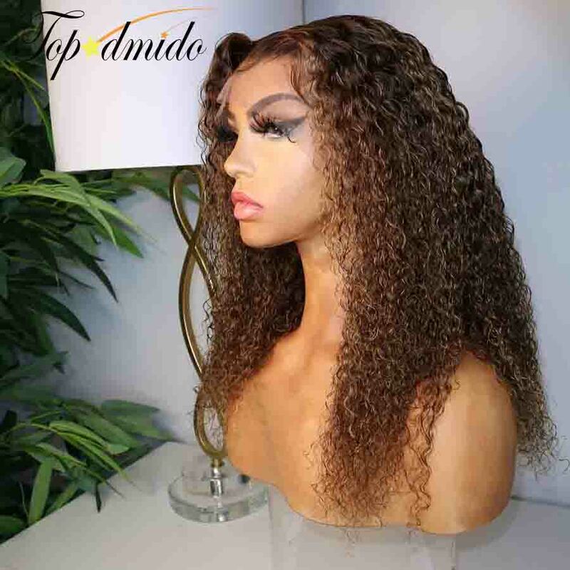 Topodmido Highlight Brown Color Curly 13x6 Lace Wig with Middle Part Brazilian Hair 13x4 Lace Front Wig 4x4 Glueless Lace Wigs