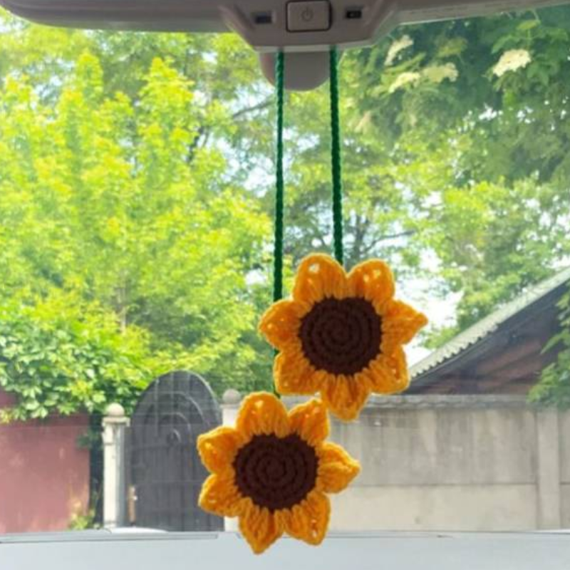 Miroir de voiture tournesol au crochet fait à la main, accessoires suspendus pour intérieur d'adolescentes, rétroviseur, décor de charme de fleur