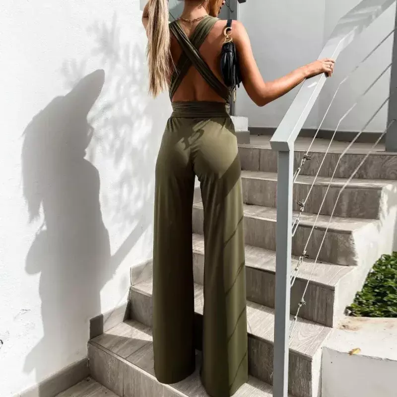 2024 New Women Hollow Out Strappy Jumpsuit Elegant V-Neck Sexy Bodysuit Romper Casual Fashion Solid Color Summer Jumpsuit OFE01