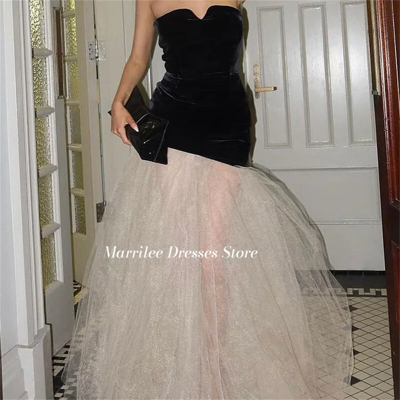 Marrilee menawan tanpa tali hitam beludru gaun malam putri duyung ilusi Tulle tanpa lengan panjang lantai gaun Prom acara Formal
