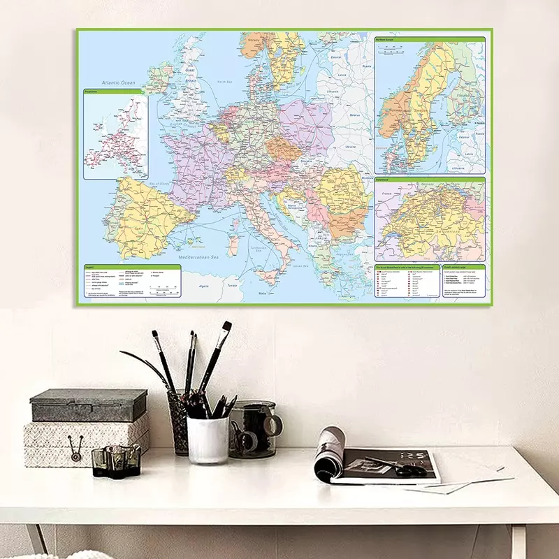 Affiche murale de carte de la Route politique et du trafic de l'europe, peinture sur toile Non tissée, fournitures scolaires, décoration de salle de classe pour la maison, 225x150cm