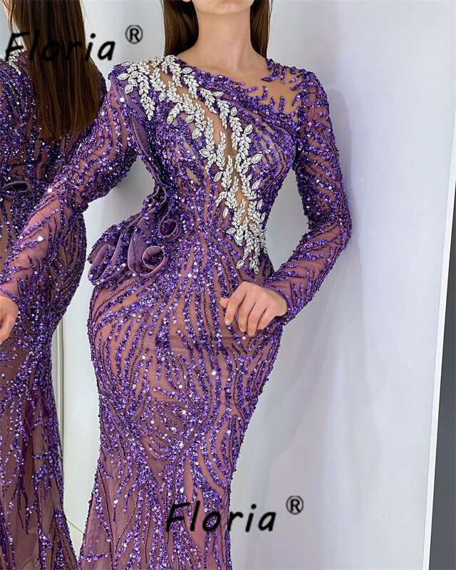 Dubai Woman Long Sleeves Formal Evening Dress Handmade Beadings Sequin Wedding Party Gowns فساتين مناسبة رسمية Prom Dresses