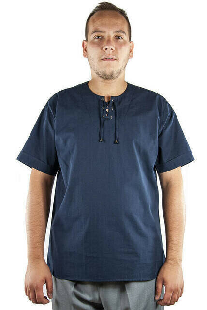 IQRAH Bike Collar Casual Cut Short Sleeve Linen Shirt-Navy Blue