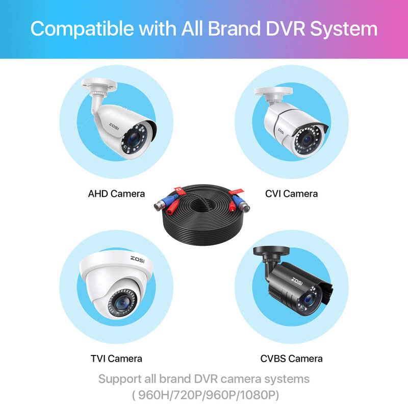 ZOSI-Câble d'alimentation BNC + DC pour caméra CCTV et système DVR, 4 paquets, 18m, 30m (60 pieds, 100 pieds), coaxial