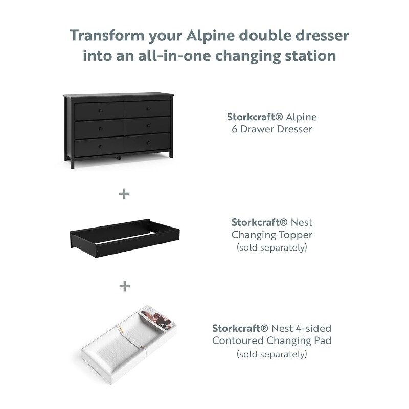 Storkcraft Alpine 6 Drawer Double Dresser (Black) – GREENGUARD Gold Certified, Dresser For Nursery