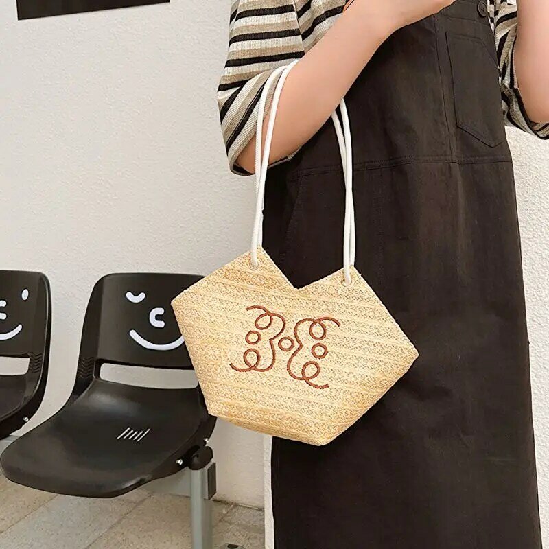 Женская соломенная сумка в стиле ретро, оригинальная модная плетеная Сумка-тоут в лесном стиле, текстурная нишевая сумка для подмышек, Y2K, лето 2024