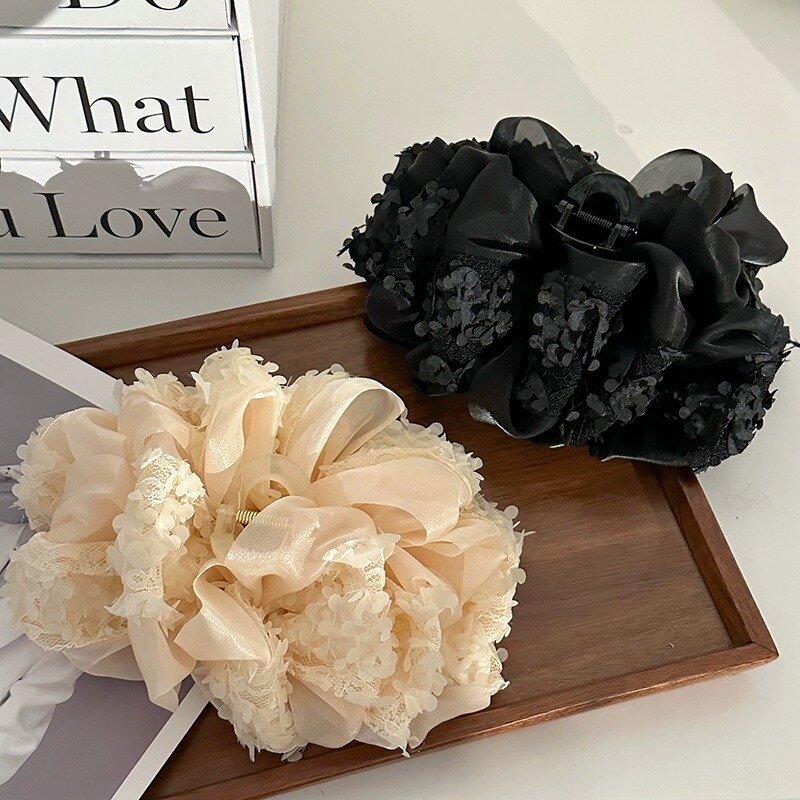 Elegance Temperament Large Claw Clip Multilayer Bow Black Fabric Ribbon Claw Jaw Clips Ponytail Hairpin Women Hair Accessories