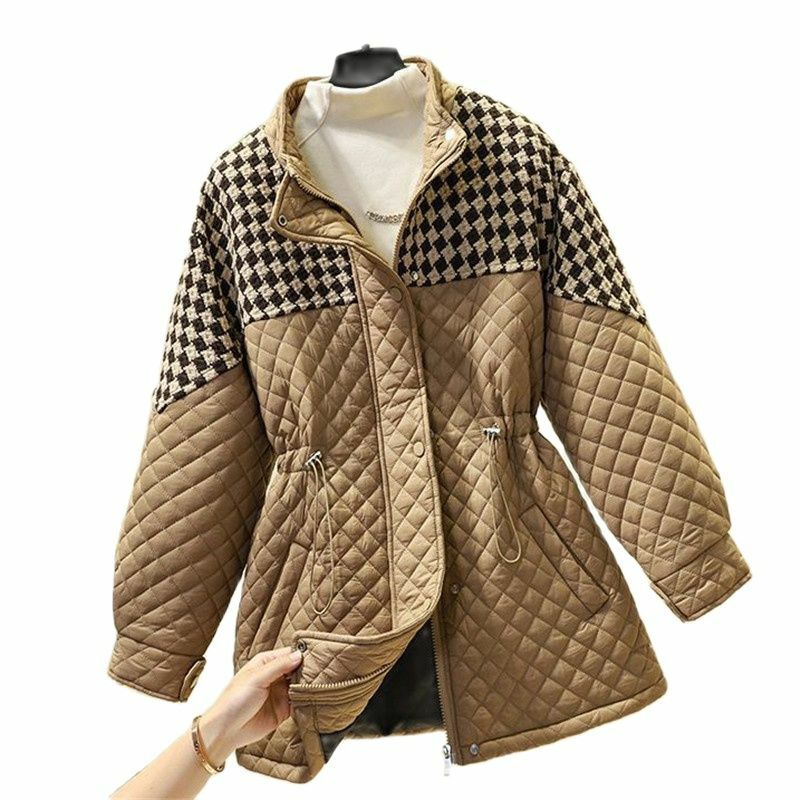 Зимняя женская куртка средней длины из хлопка, новинка 2023, Свободное пальто с воротником-стойкой, верхняя одежда из твида, модное женское пальто