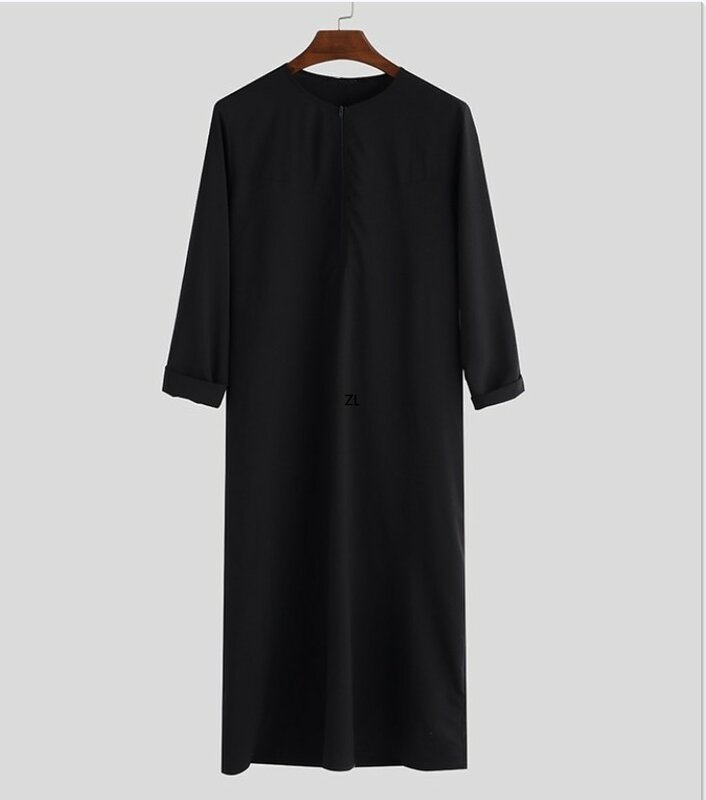 Ropa musulmana de manga larga para hombre, ropa de algodón con cuello redondo, color negro, estilo Jubba Thobe, moda Abaya, S-5XL, primavera y verano, 2024