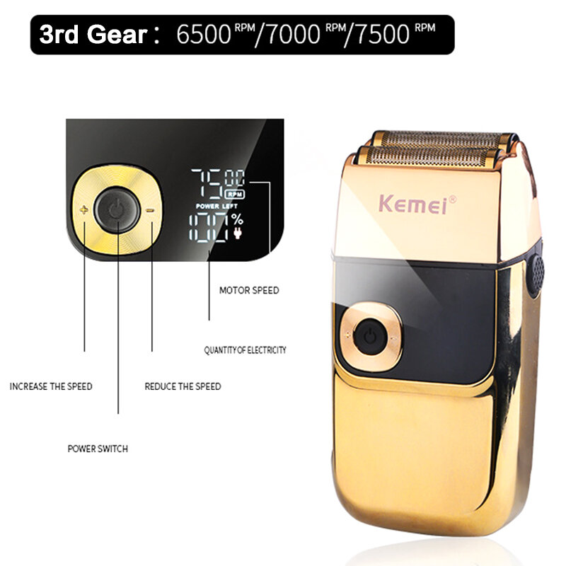 Kemei-Aparador de barba sem fio elétrico para homens, display LCD, navalha original, USB, carregamento rápido, aparador de cabelo