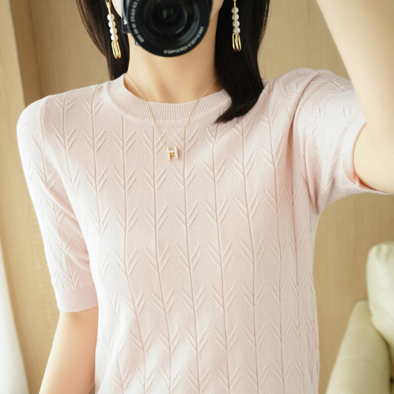 Novo jacquard manga curta camisola de malha de lã feminina verão em torno do pescoço pulôver curto solto camiseta inferior 2022 moda coreana