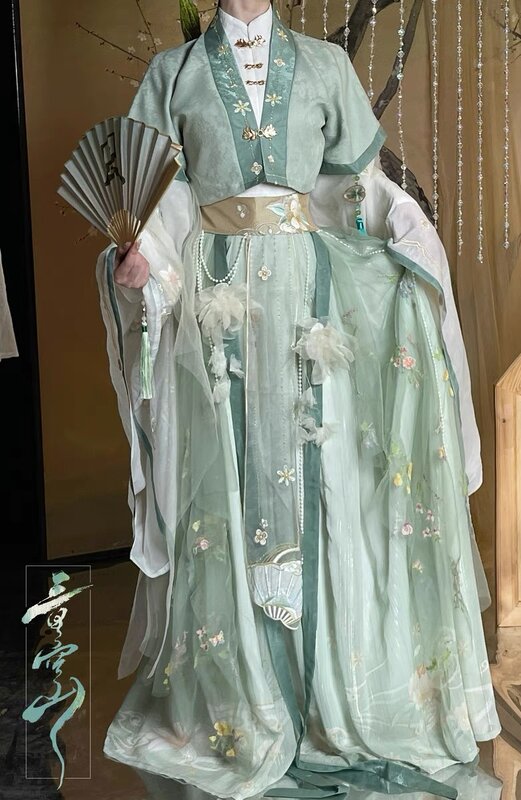 5 buah Cosplay gaya Cina gaun bordir Hanfu hijau Set lengkap rok peri wanita bordir bunga antik syal benang kuno
