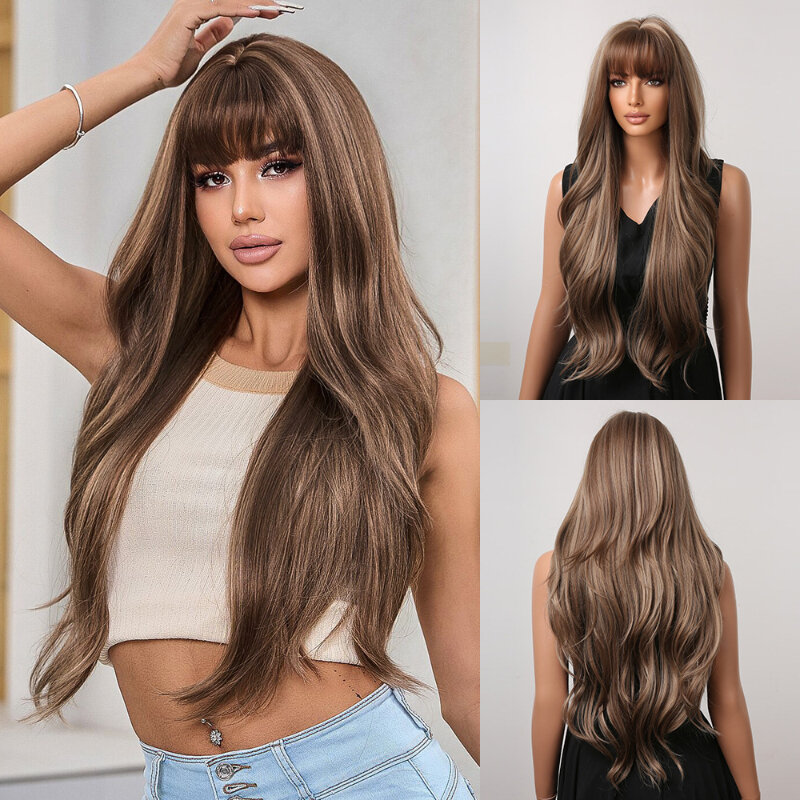 Long Gradient Brown Blonde Wavy Wig Women's Natural Synthetic Curly Wigs Heat Resistant Fiber Hair Suitable for Daily Cosplay