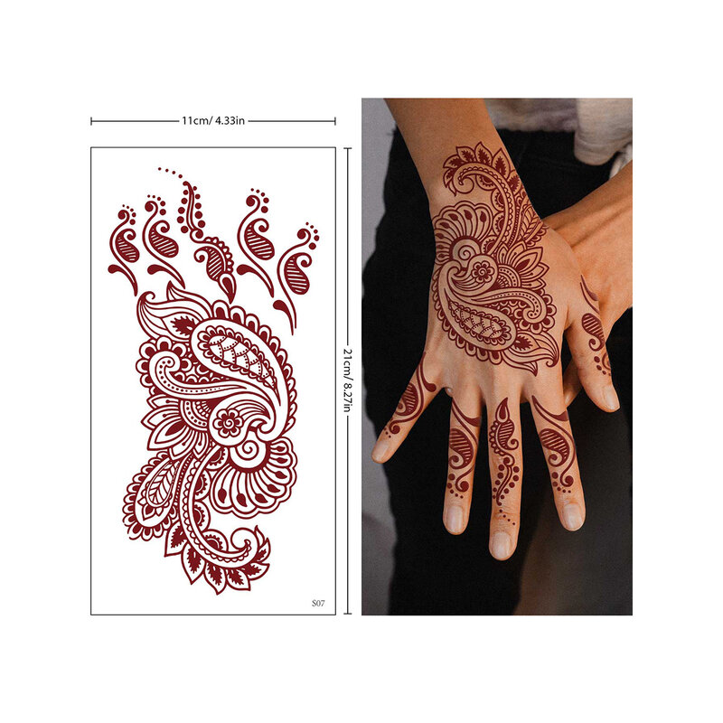 Tatuagem de Henna de renda vermelha para mulheres, tatuagem marrom sexy, adesivos impermeáveis, tatuagens temporárias, tatuagem da mão do dedo, design Índia Mehndi