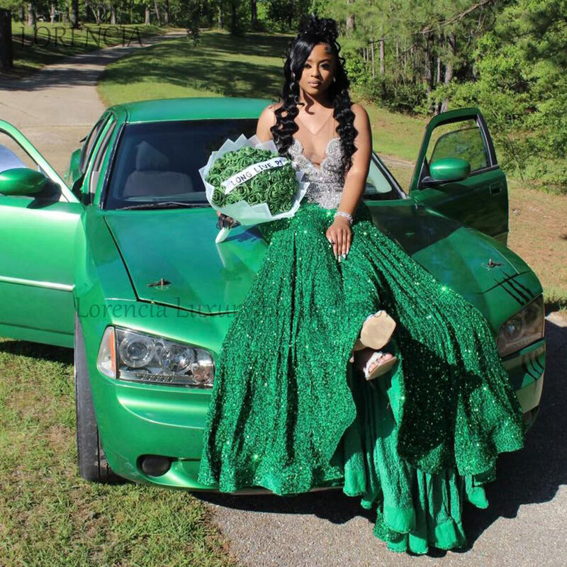 Sparkly Green Crystal Long Mermaid Prom Dress For Black Girls Sleeveless Beads Rhinestones Evening Party Formal robe chic soirée