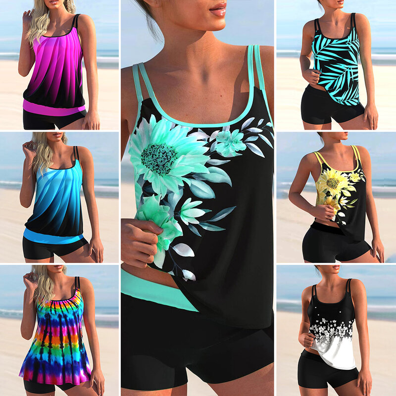 Set baju renang Tankini empuk wanita pakaian renang celana pendek pantai renang kostum pakaian pantai liburan pantai