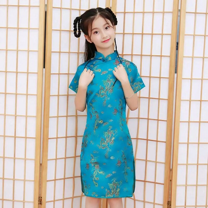 Hanfu apertado Phoenix Print cetim vestido para crianças, trajes tradicionais chineses para meninas, princesa Cheongsams para meninas