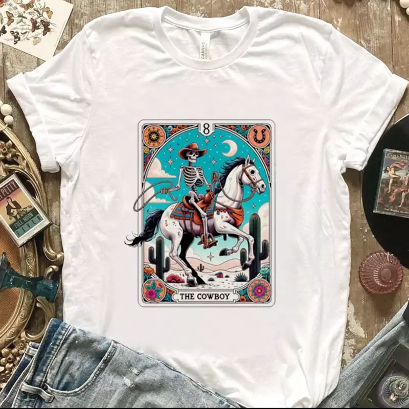T-shirt manches courtes col rond femme, estival et à la mode, avec motif cowboy chimand amusant