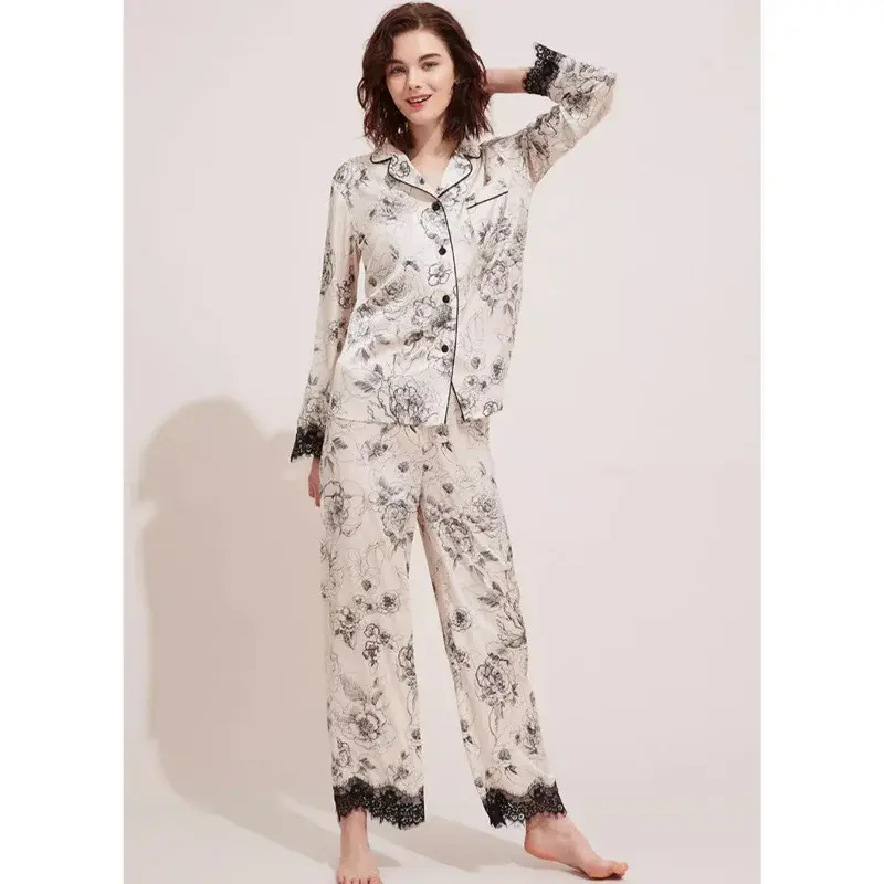 Пижамный комплект женский из двух предметов, атласная пижама из искусственного шелка с цветочным принтом, одежда для сна с длинным рукавом, домашняя одежда, весна-осень