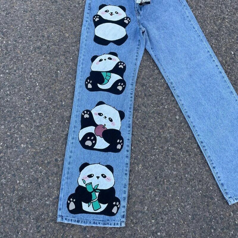 Pantalones vaqueros holgados Harajuku para hombre y mujer, ropa de calle informal con estampado de Panda Kawaii, Y2K, patrón de moda, Unisex