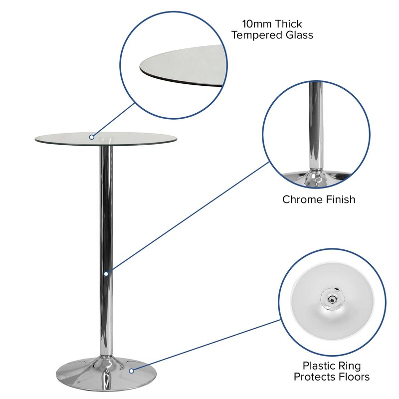 23.5'' Round Glass Top Pub Bar Table with 35.5''H Chrome Base for Bistro Kitchen Tall Dining Cocktail Table