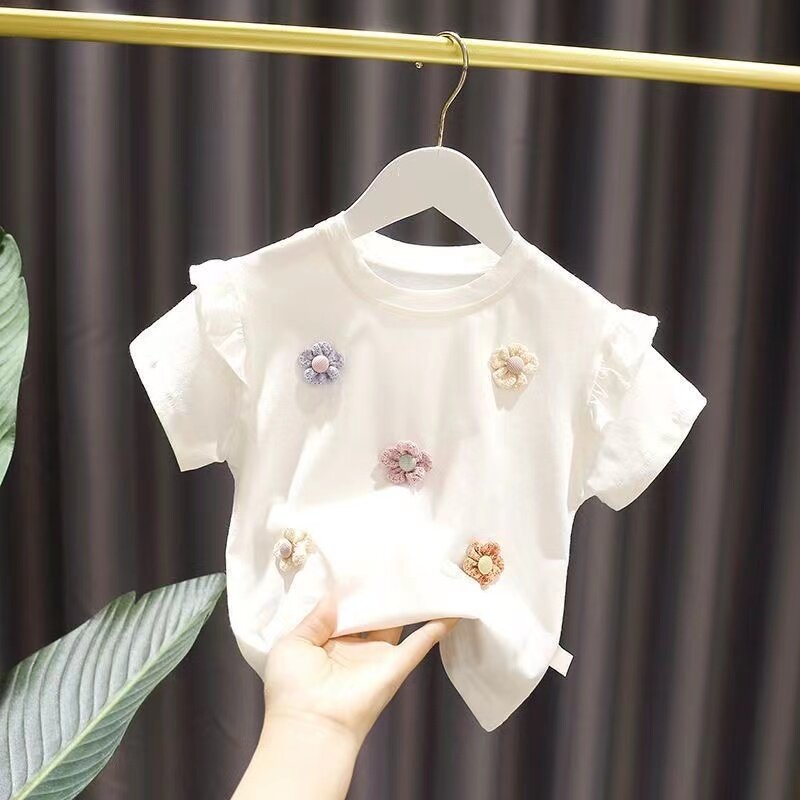 2024 New Summer Girls T-shirt New Children's Baby Cute Lace Short-sleeved Top Little Girl Cotton Bottoming Shirt