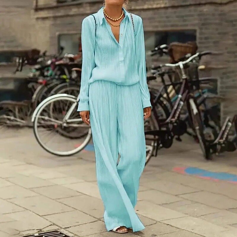 Spring Summer Two Piece Set Tracksuit Casual Outfit Suits Women Beige Shirt Long Blouse Tops Pleated Wide Leg Pants 2 Piece Sets