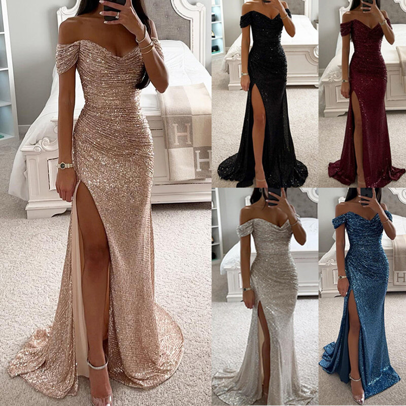 luxury Sexy Off-Shoulder Formal Occasion Dresses Women V-neck Sparkly Floor Length Cocktail Dress High Split Evening Party Gowns