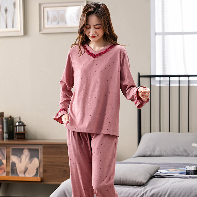 Spring V-Neck Pajamas Set Women Cotton Nightwear Long Sleeve Tops + Pants Homewear Ladies Big Yards Female Casual Home Clothes